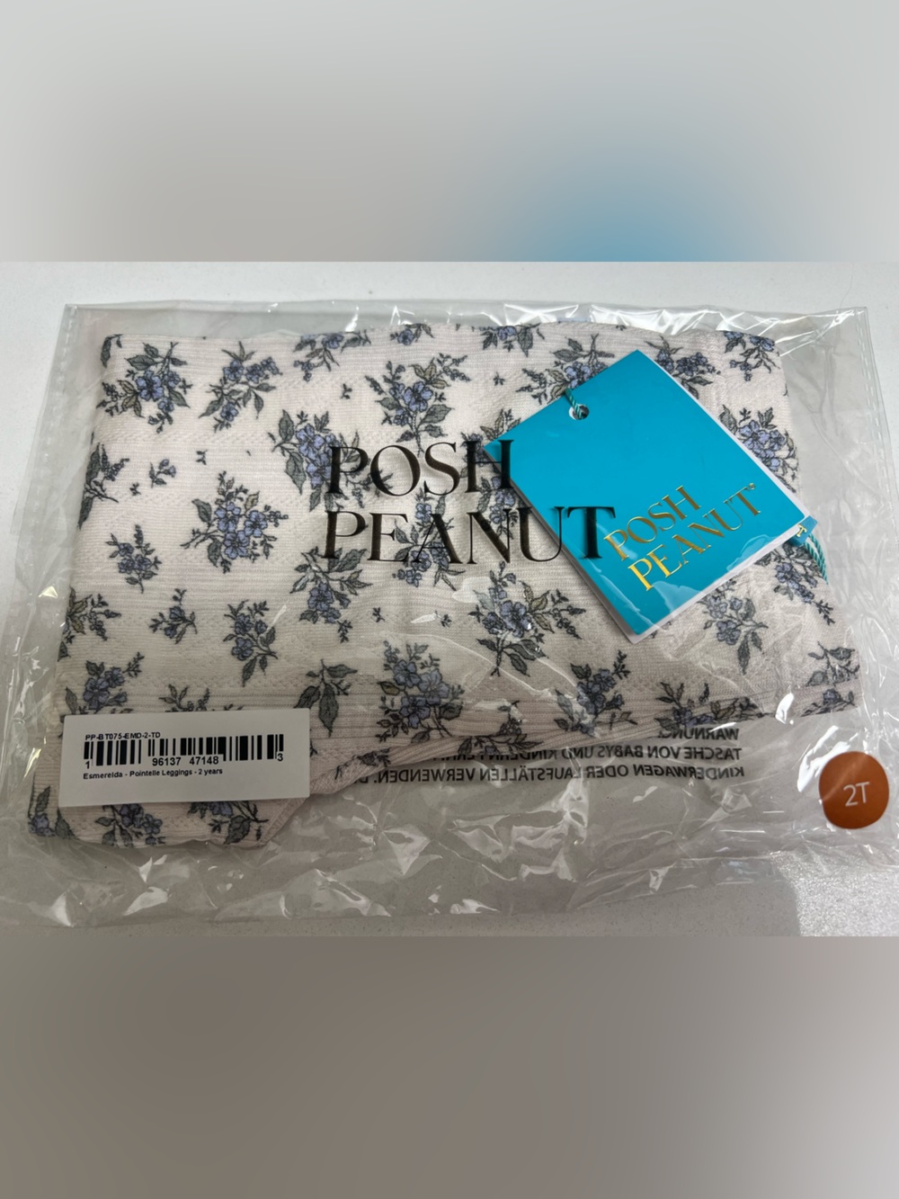 Posh Peanut Esmeralda White Floral Leggings - Blue Flower Print size 2t